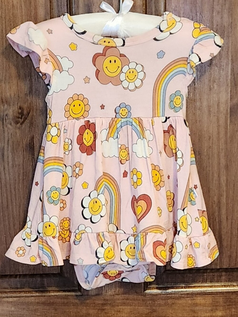 Posh Peanut Retro Daisy Rainbow Ruffled Twirl Bodysuit Dress - 6-12M